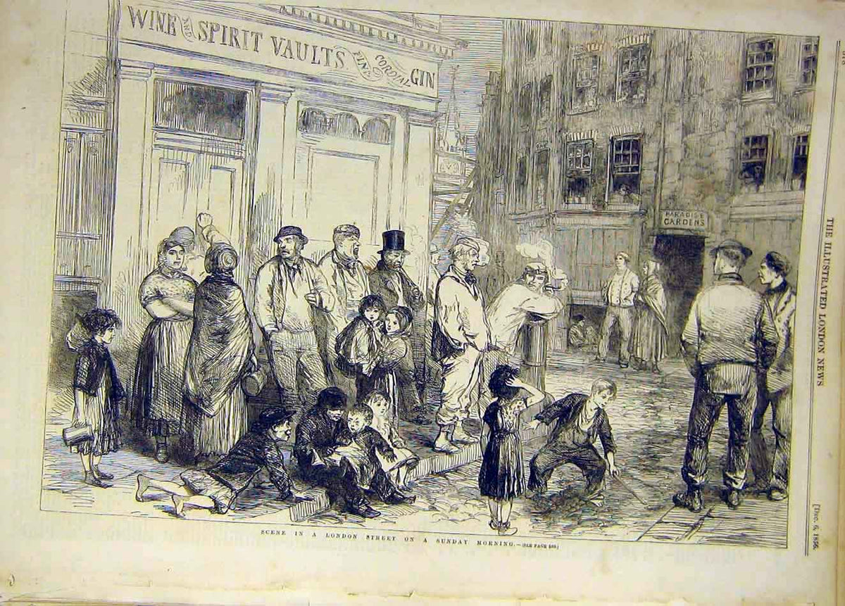 Original Old Antique Print 1856 London Street Sunday-Morning Children People