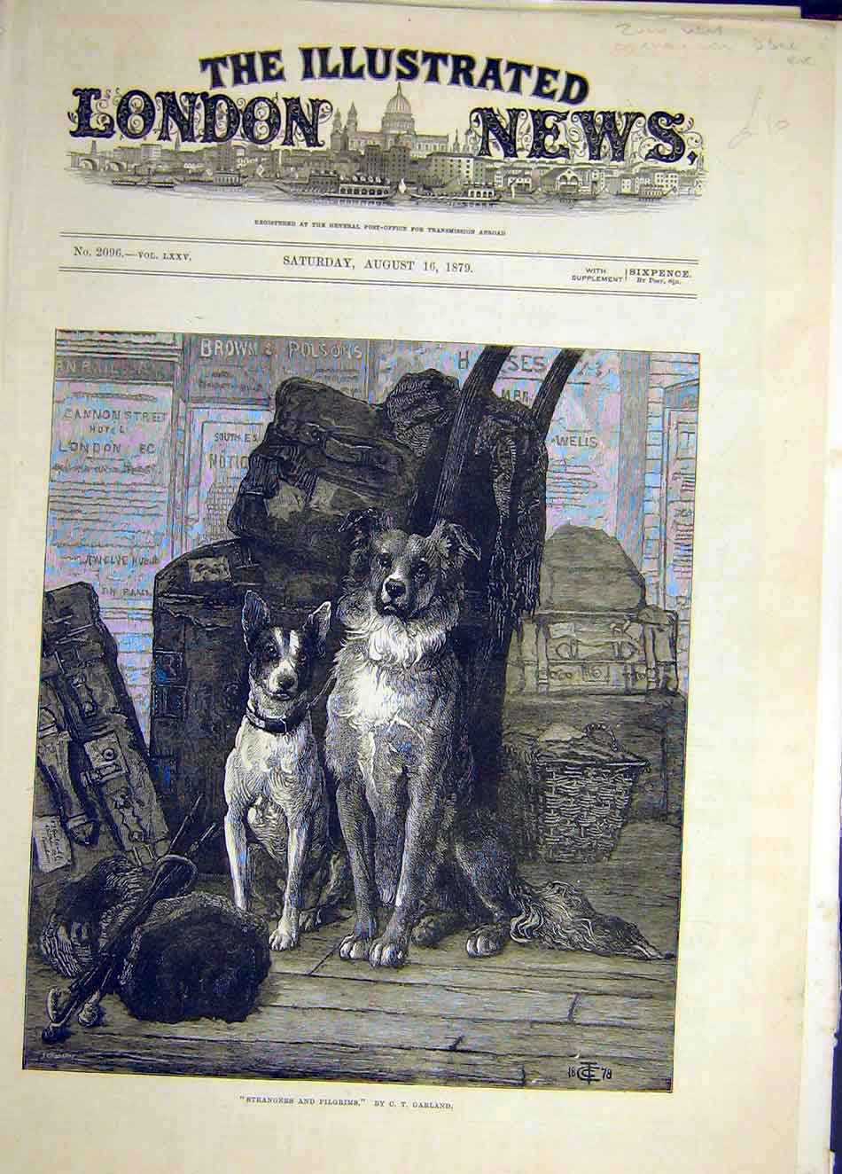 Original Old Antique Print 1879 Strangers Pilgrims Garland Dogs Animal Victorian