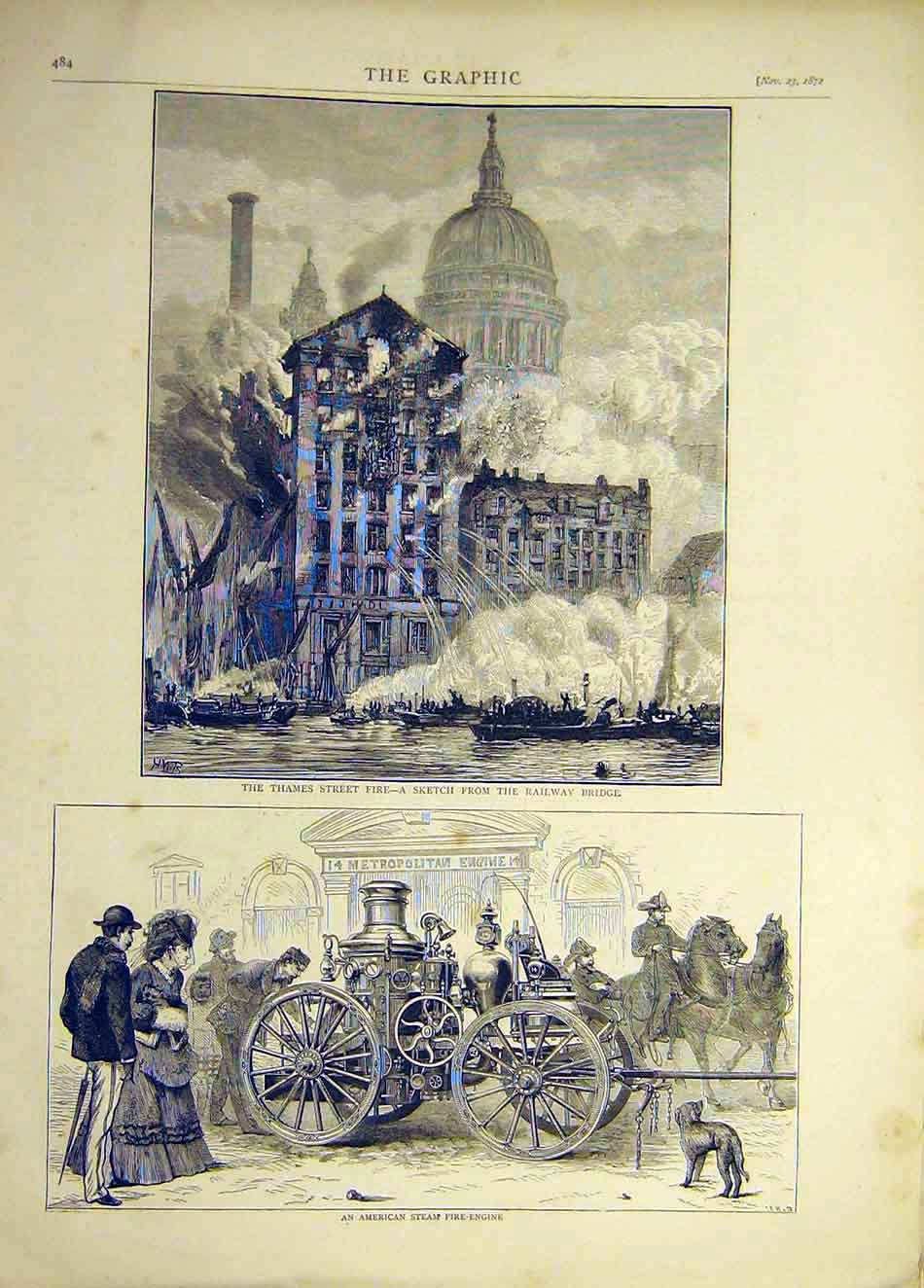 Original Old Antique Print 1872 Thames Street Fire American Steam Fire-Engine