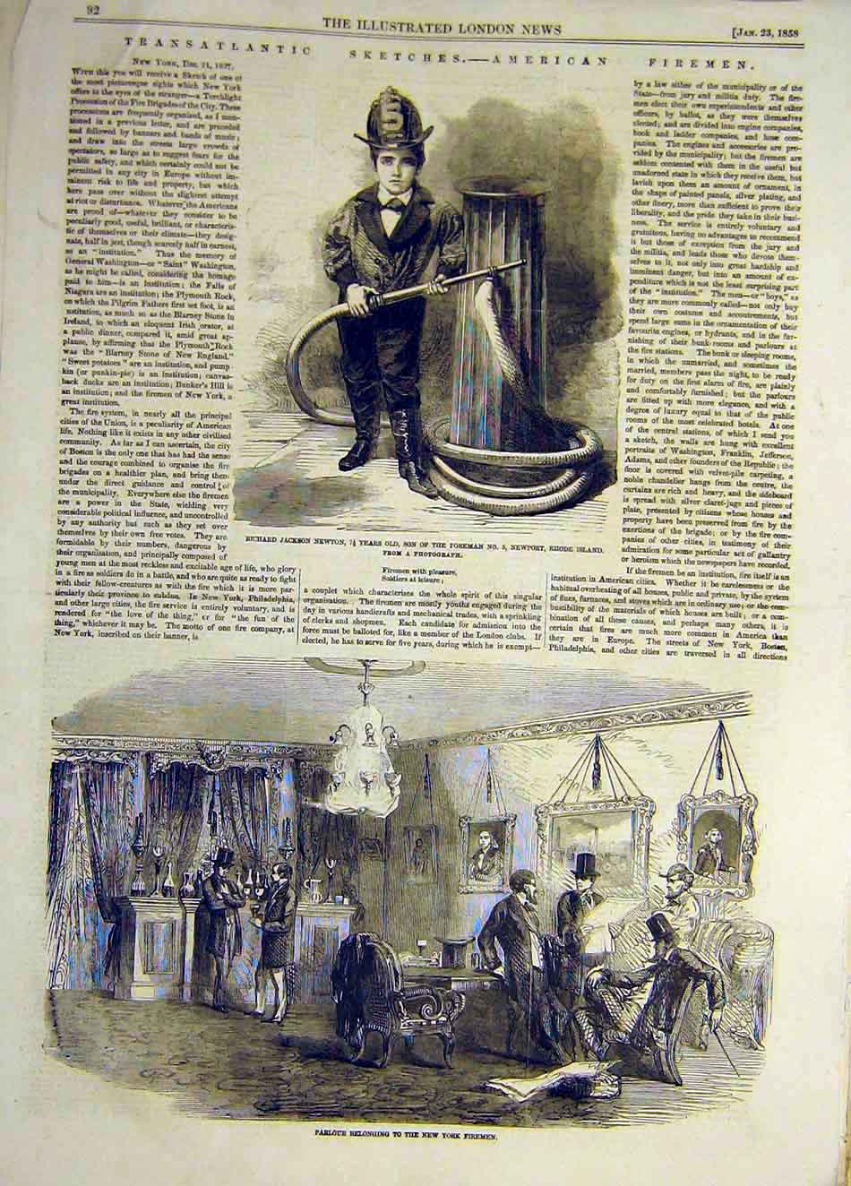 Original Old Antique Print 1858 Sketches Transatlantic Firemen Newton New York