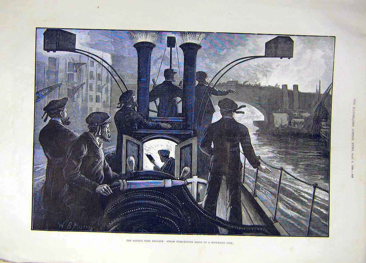 Original Old Antique Print 1890 London Fire Brigade Steam Fire-Engine Riverside