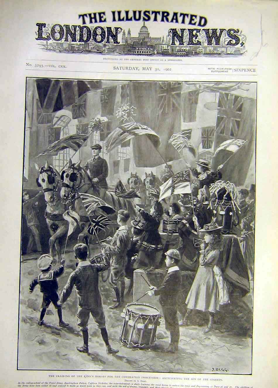 Old Antique Print 1902 King Horses Coronation Procession Training Street 20th