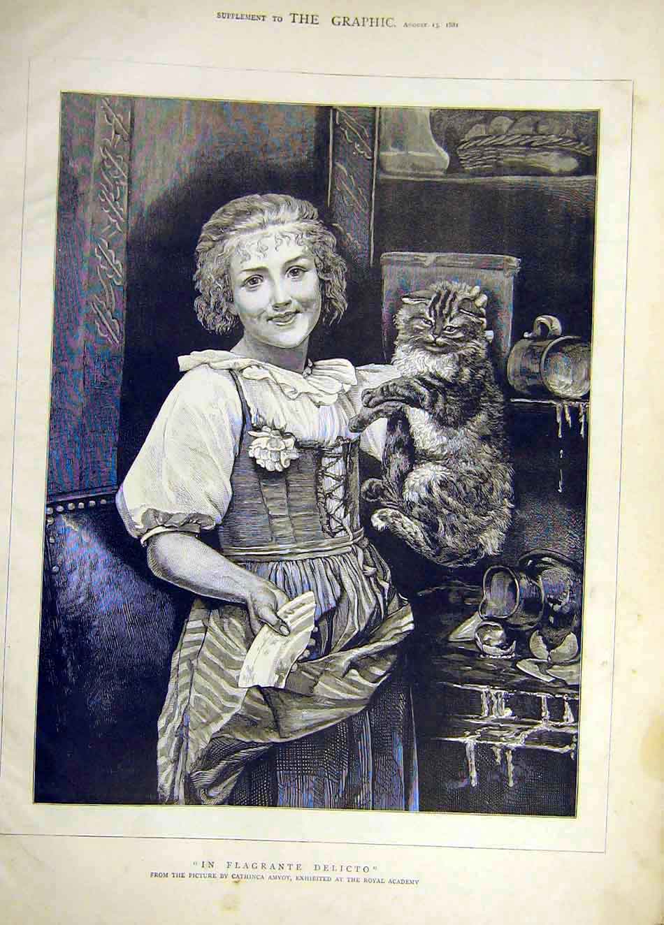 Original Old Antique Print 1881 In-Flagrante-Delicto Amyot Lady Cat Broken-Plate