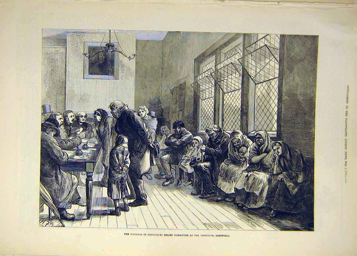 Old Antique Print 1879 Sheffield Distress Relief Committee Institute Poor 19th
