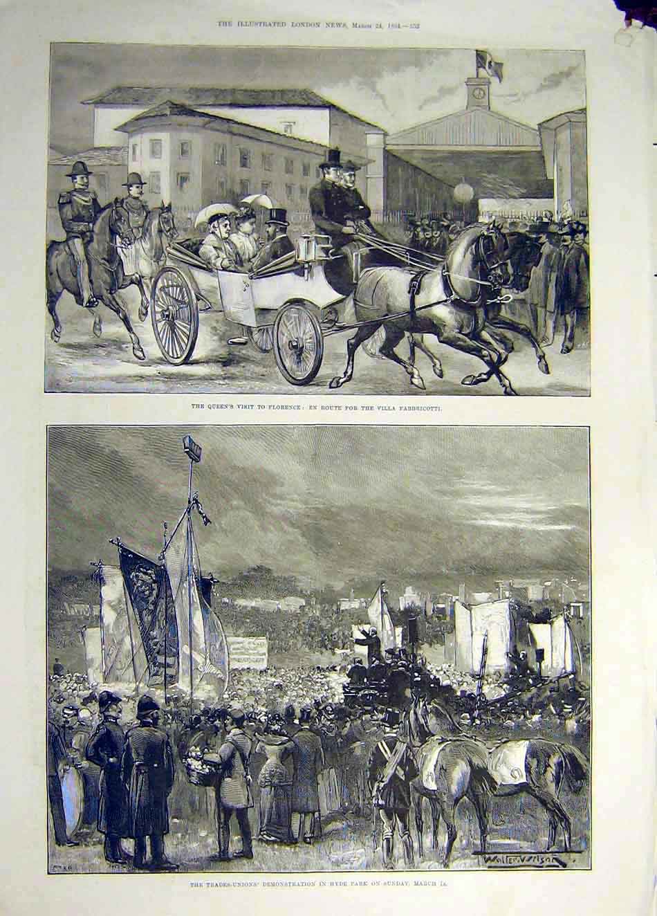 Original Old Antique Print 1894 Queen Florence Trade-Unions Demonstration Hyde