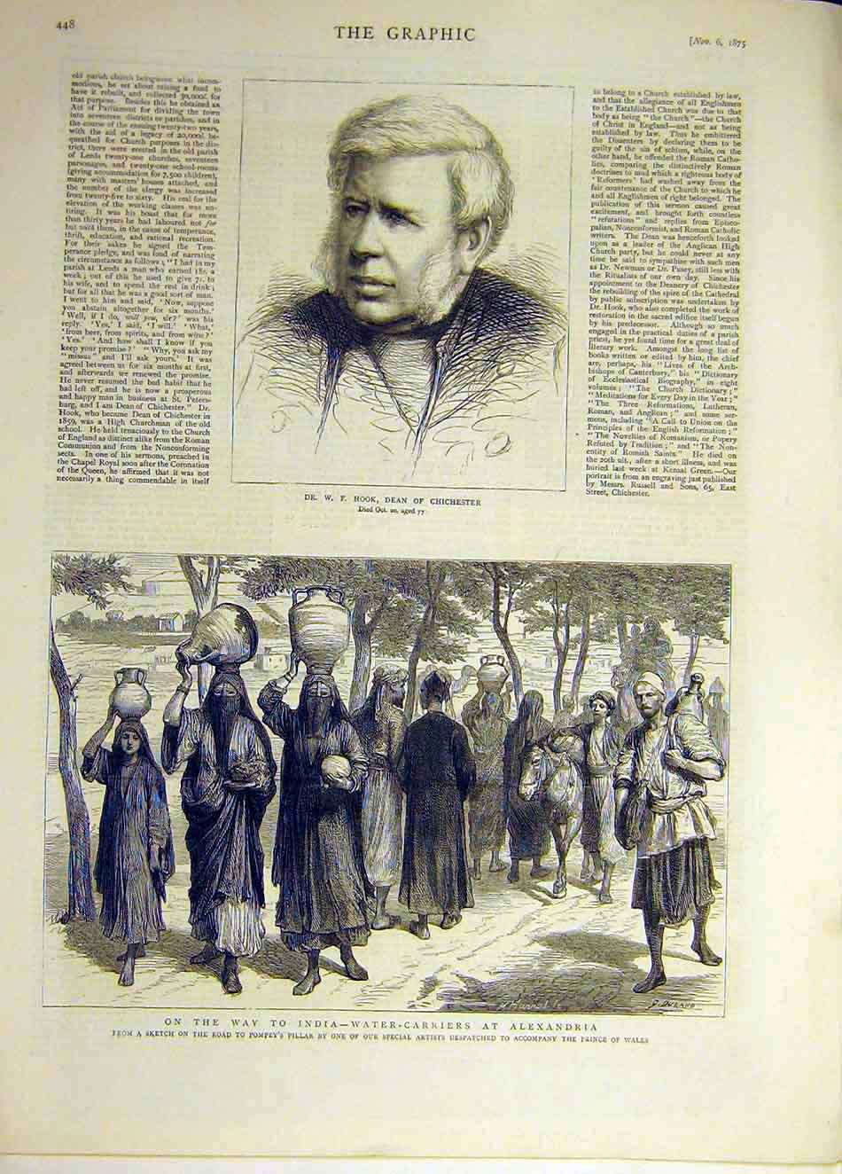 Old Antique Print 1875 Portrait Dean Chichester Hook India Water-Carriers 19th