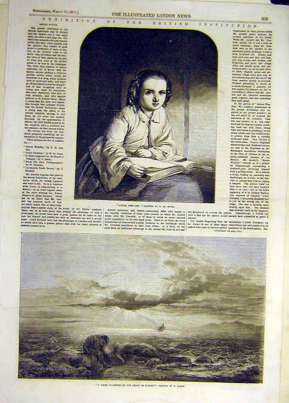 Original Old Antique Print 1856 Gretchen Jeune Fine Art Scene Pompeii Danby 19th