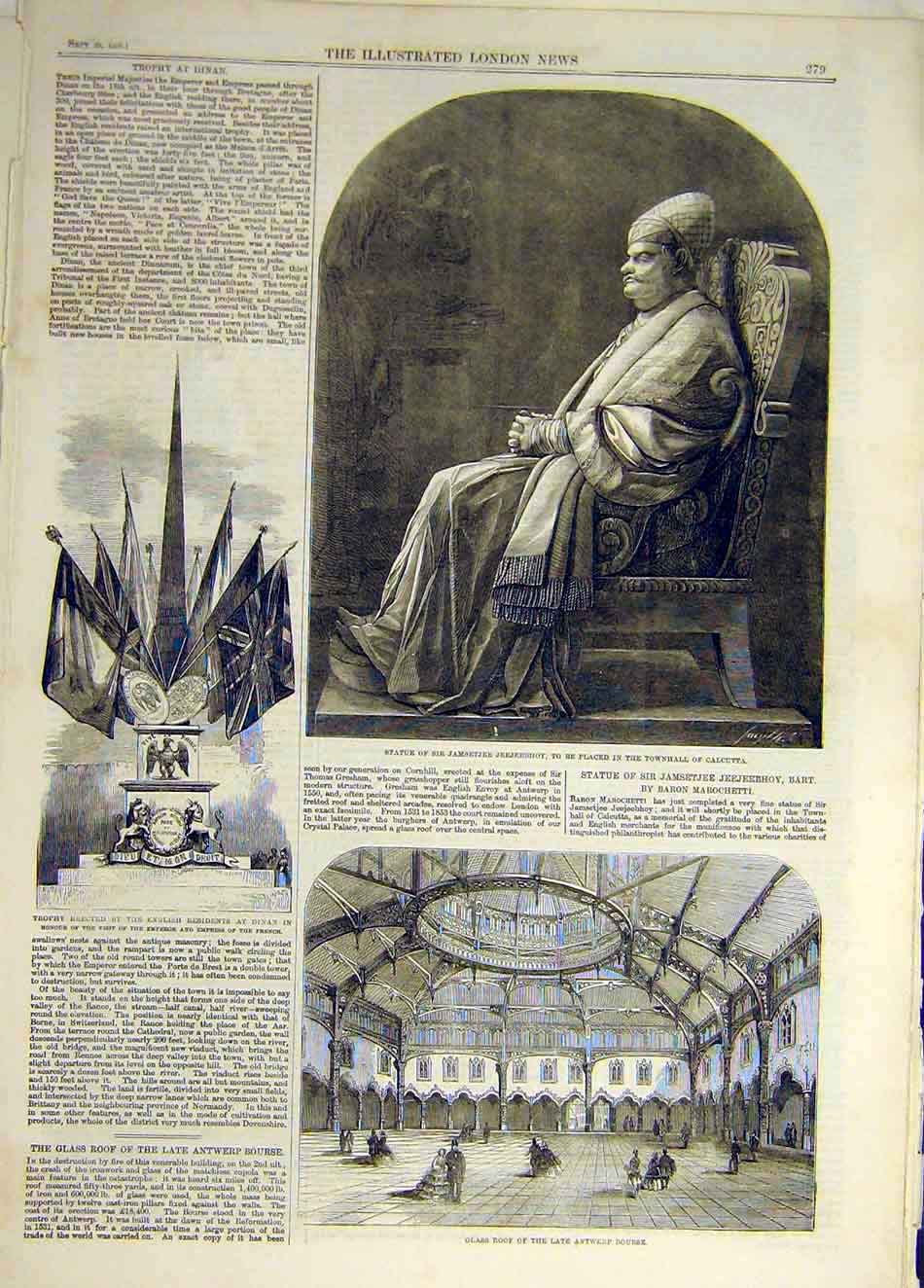 Original Old Antique Print 1858 Statue Jeejeebhoy Calcutta Antwerp House Glass
