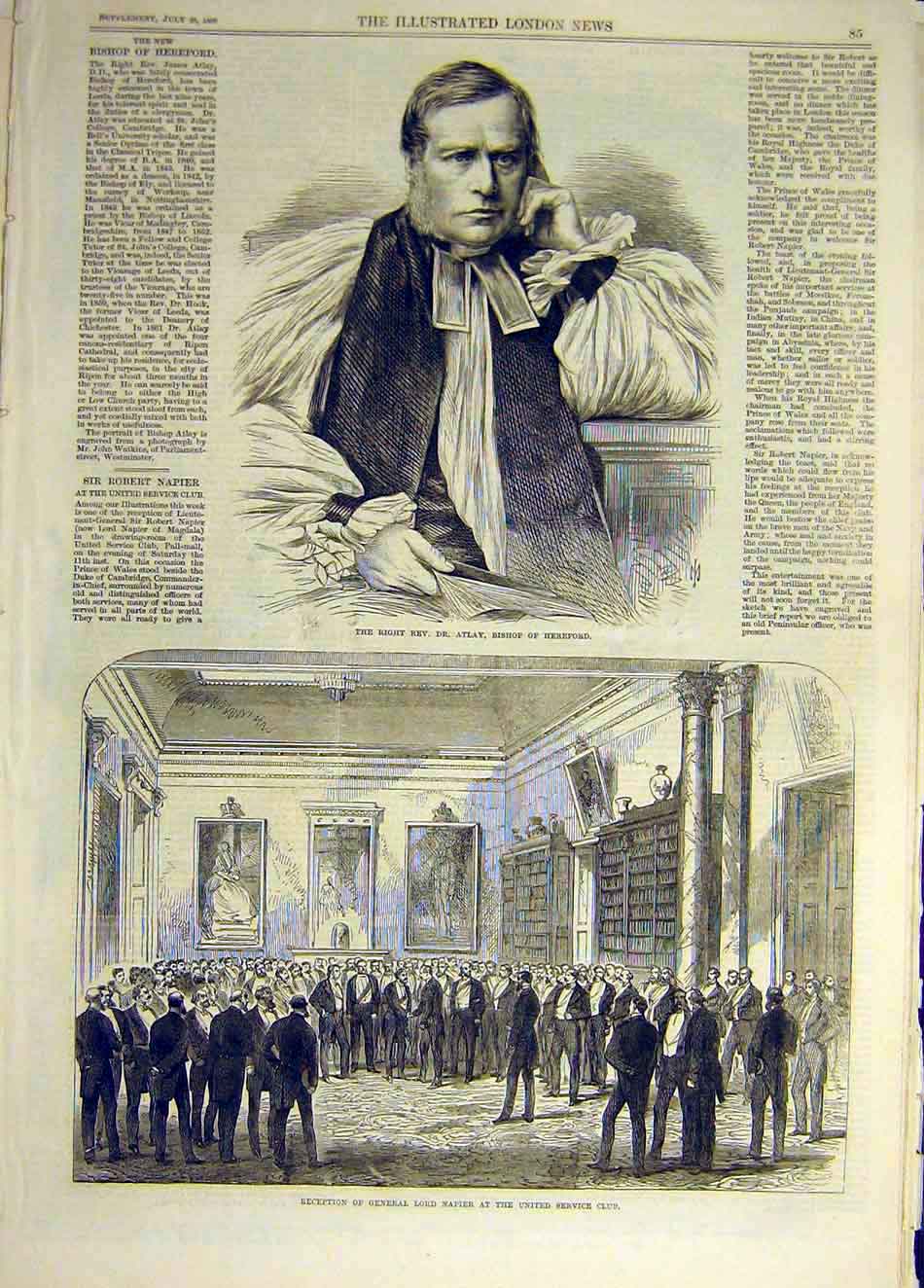 Original Old Antique Print 1868 Hereford Bishop Atlay Napier United Service Club