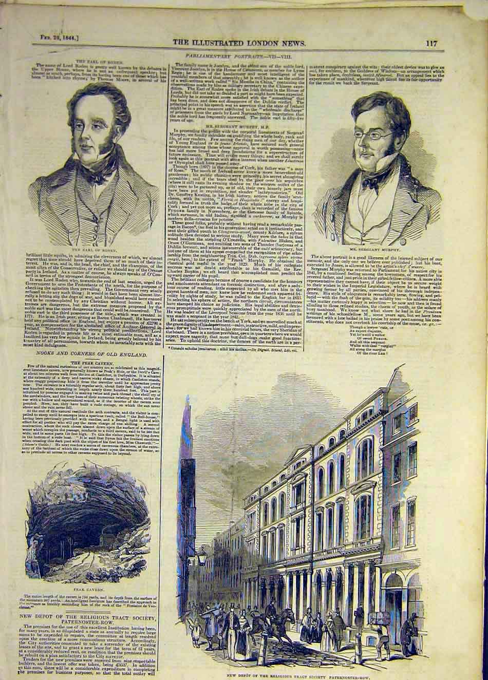 Original Old Antique Print 1844 Depot Paternoster-Row Peak Cavern Murphy Roden