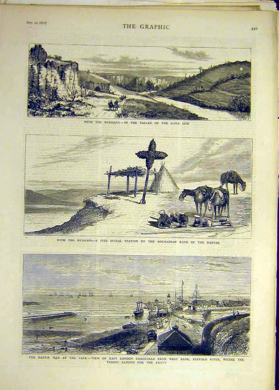Original Old Antique Print 1877 Russians Kara-Lom Fire Signal Kaffir War Africa
