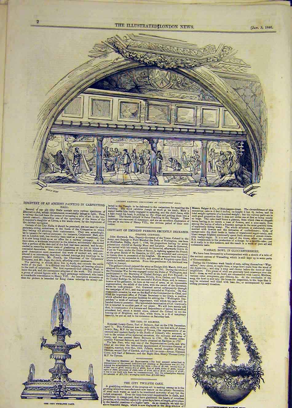 Original Old Antique Print 1846 Carpenter'S Hall Painting City Twelfth Cake Bowl