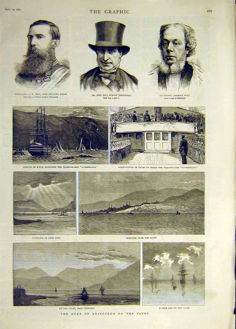 Original Old Antique Print 1881 Burton Bell Boyd Cumberland Ship Loch Scotland
