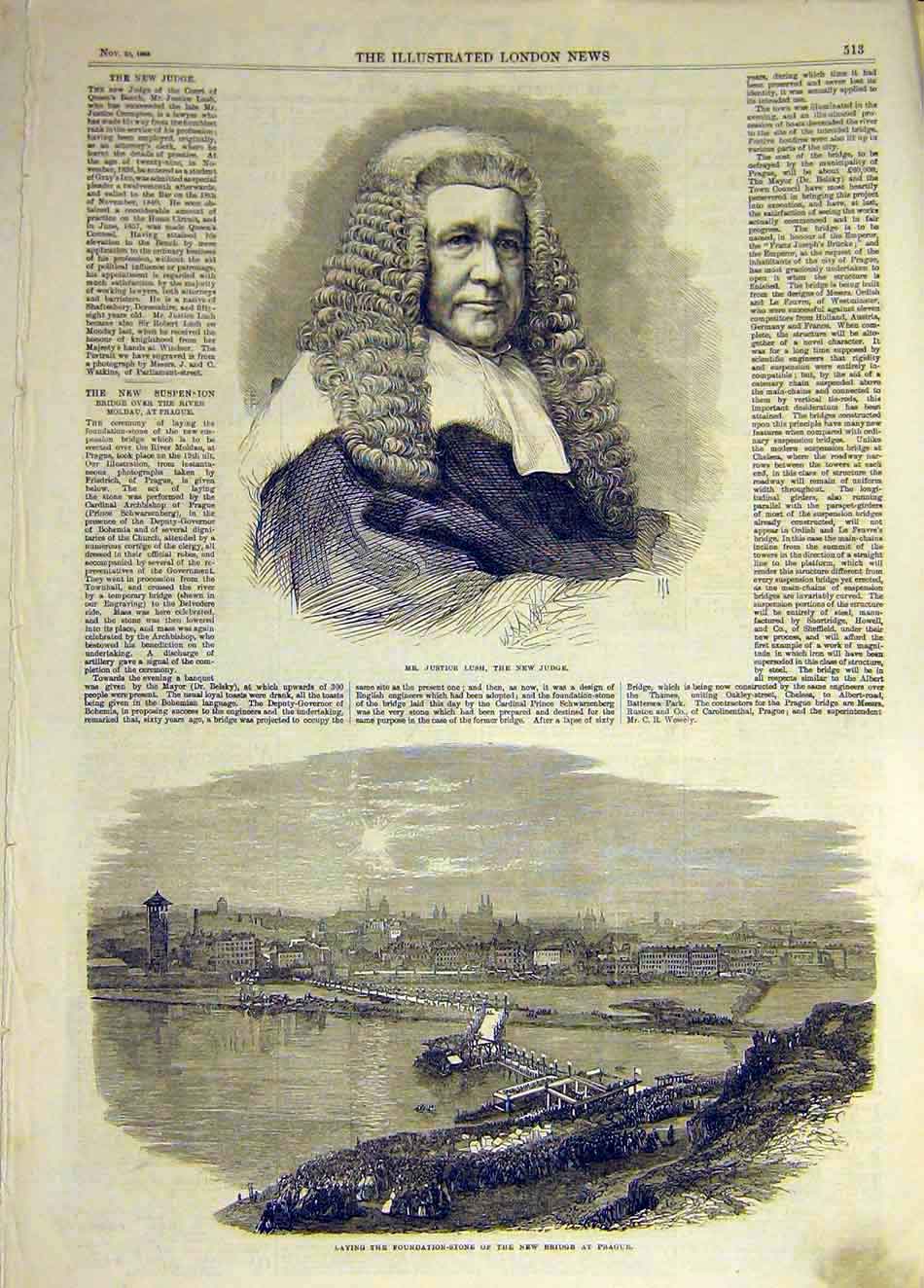 Original Old Antique Print 1865 Justice Lush Judge Portrait Prague Bridge 19th