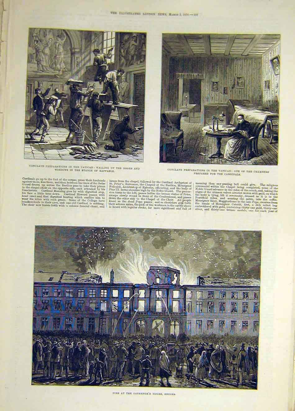Old Antique Print 1878 Vatican Conclave Rome Chamber Fire Governor Bruges 19th