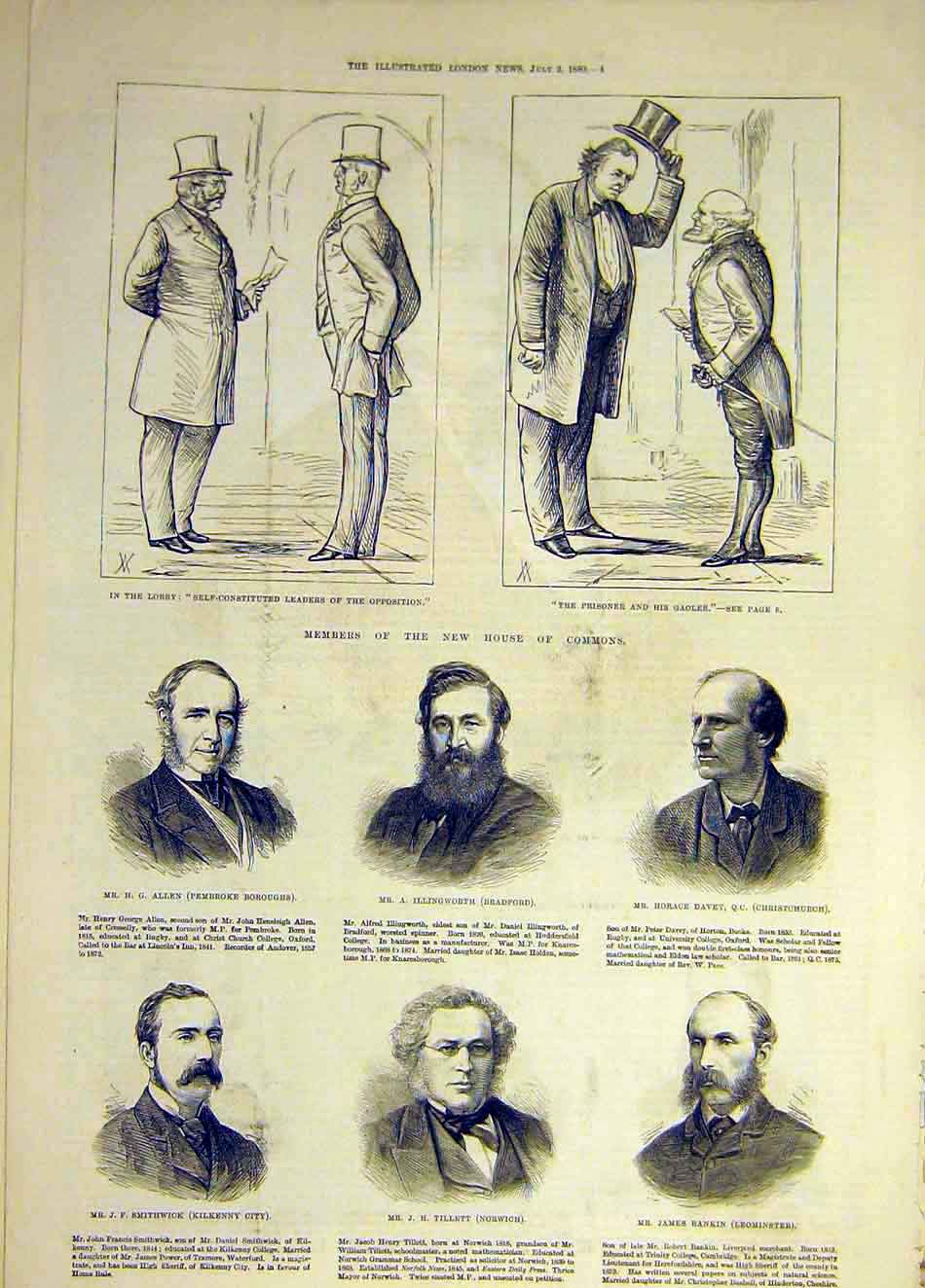 Original Old Antique Print 1880 House Commons Members Sketch Portraits Victorian