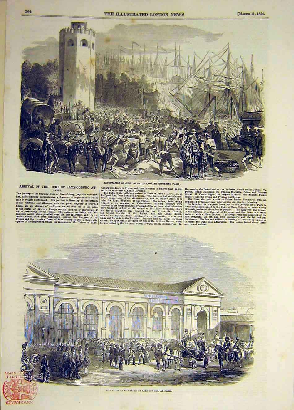 Original Old Antique Print 1854 Corn Export Seville Saxe-Coburg Duke Paris 19th