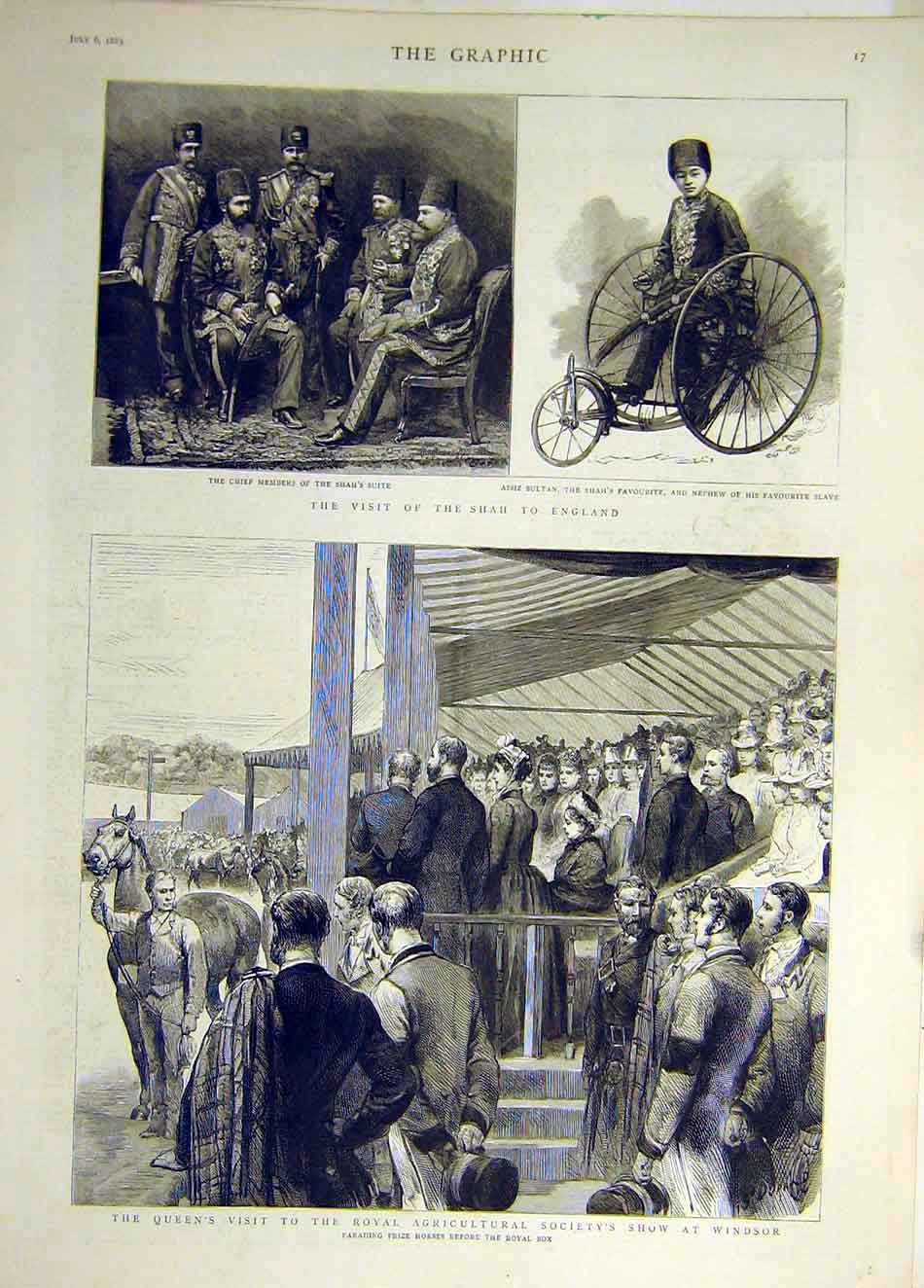 Original Old Antique Print 1889 Windsor Queen Prize Horse Shah England Visit
