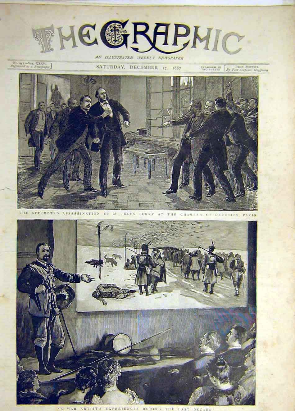 Original Old Antique Print 1887 Ferry Chamber Deputies War Artist Villiers 19th