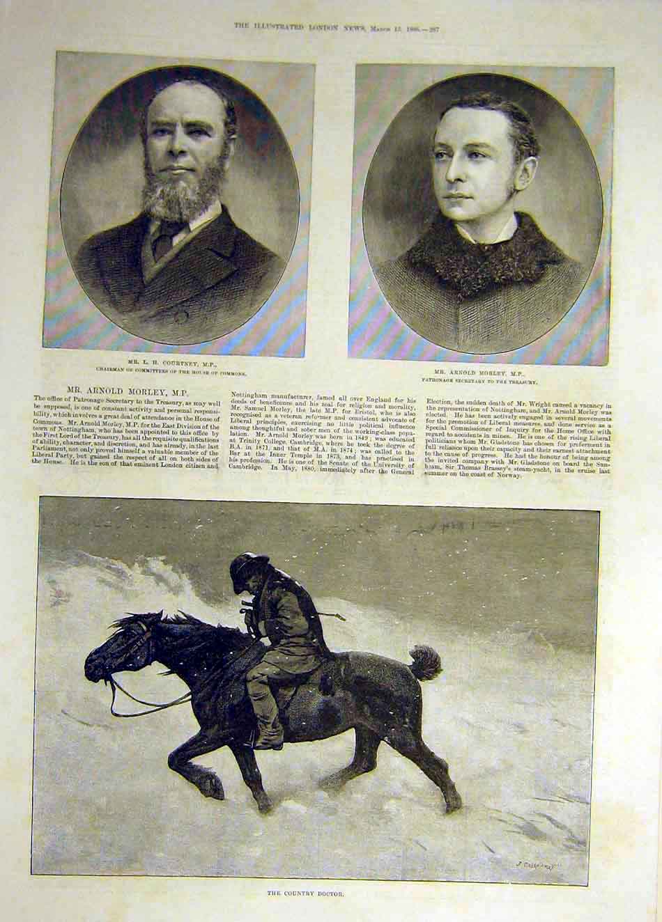 Original Old Antique Print 1886 Morely Courtney Country Doctor Horse Victorian