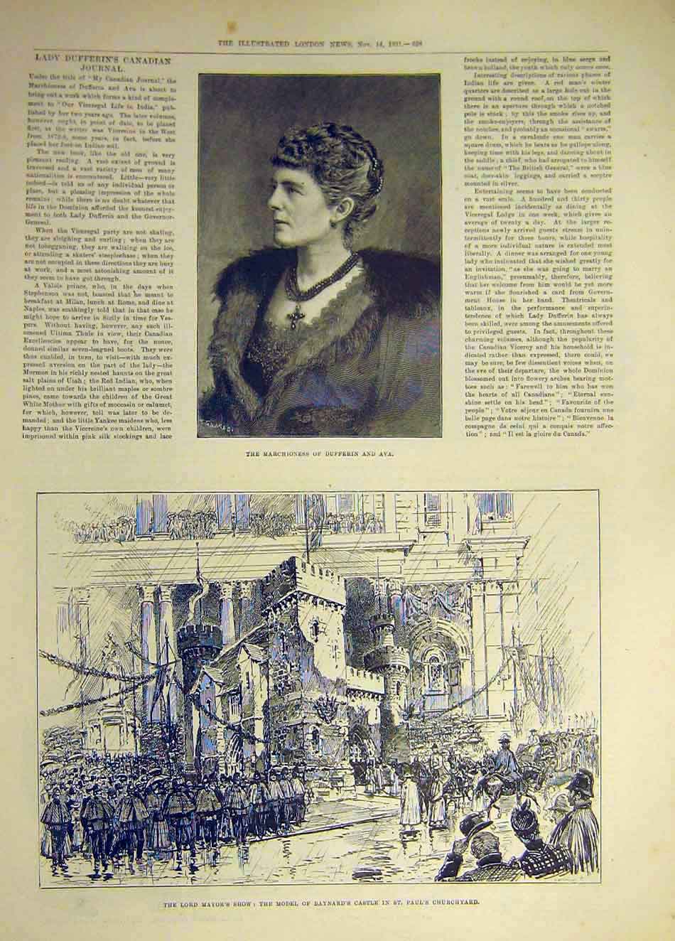 Old Antique Print 1891 Mayor Show Baynard Castle Marchioness Dufferin Ava 19th