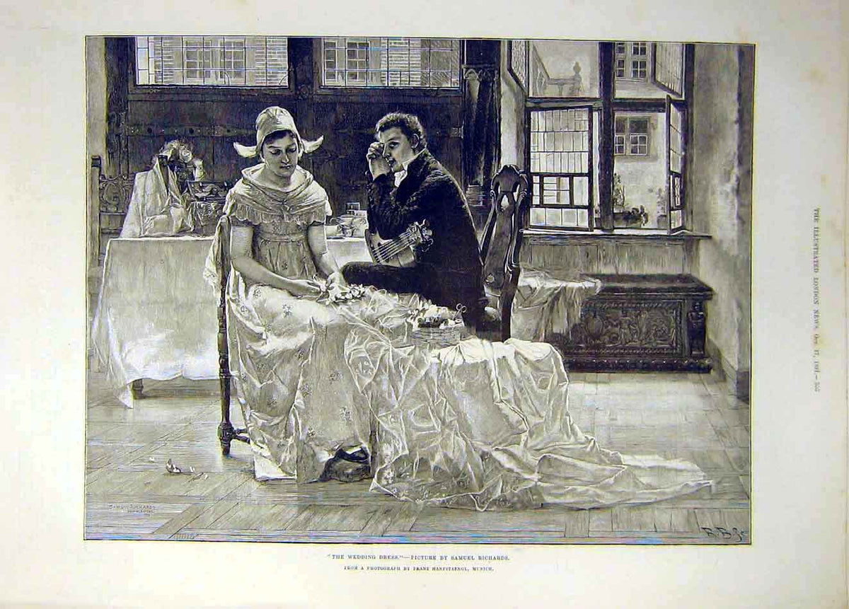Original Old Antique Print 1891 Wedding Dress Richards Gown Bride 19th