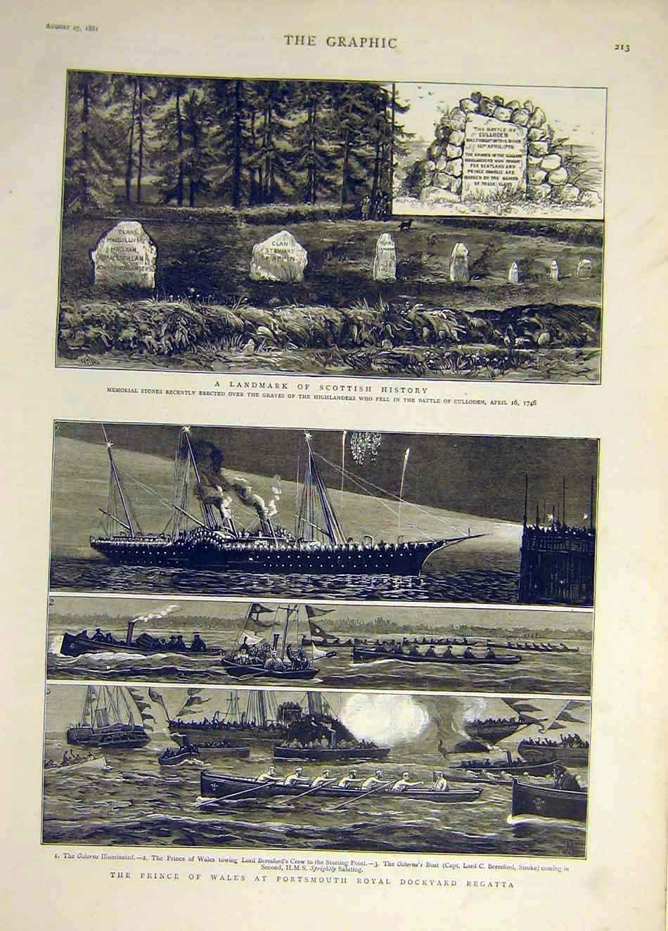 Original Old Antique Print 1881 Highlanders Memorial Scottish Regatta Portsmouth