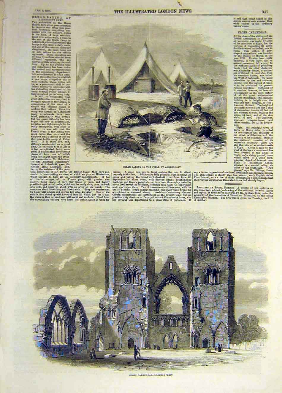 Original Old Antique Print 1859 Bread-Baking Aldershot Elgin Cathedral Building
