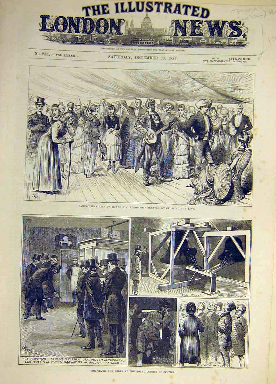 Original Old Antique Print 1883 Fancy-Dress Ball Serapis Clock Bells Royal Court