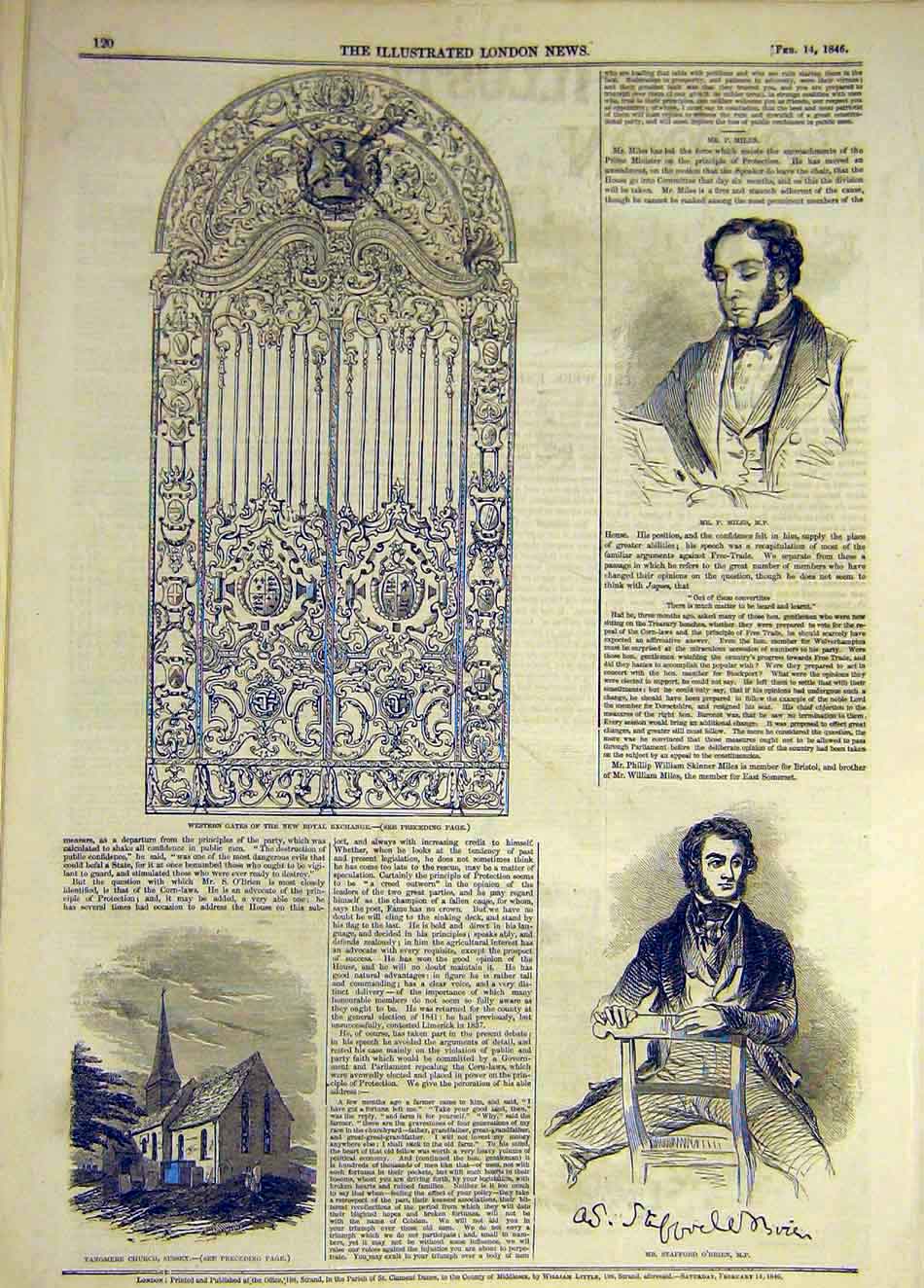Old Antique Print 1846 Royal Exchange Gate Miles O'Brien Tangemere Sussex 19th
