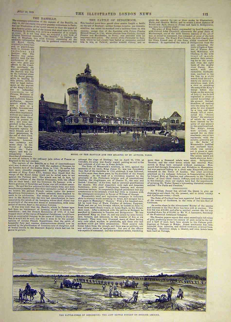 Original Old Antique Print 1889 Bastille Model Paris Battle-Field Sedgemoor 19th