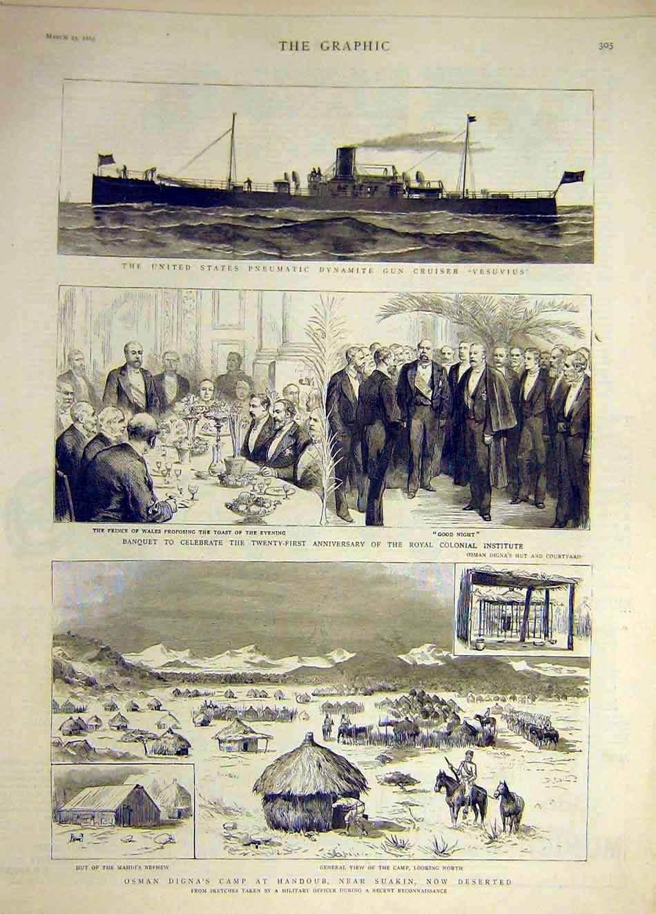 Original Old Antique Print 1889 Usa Pneumatic Gun Cruiser Vesuvius Suakin Digna