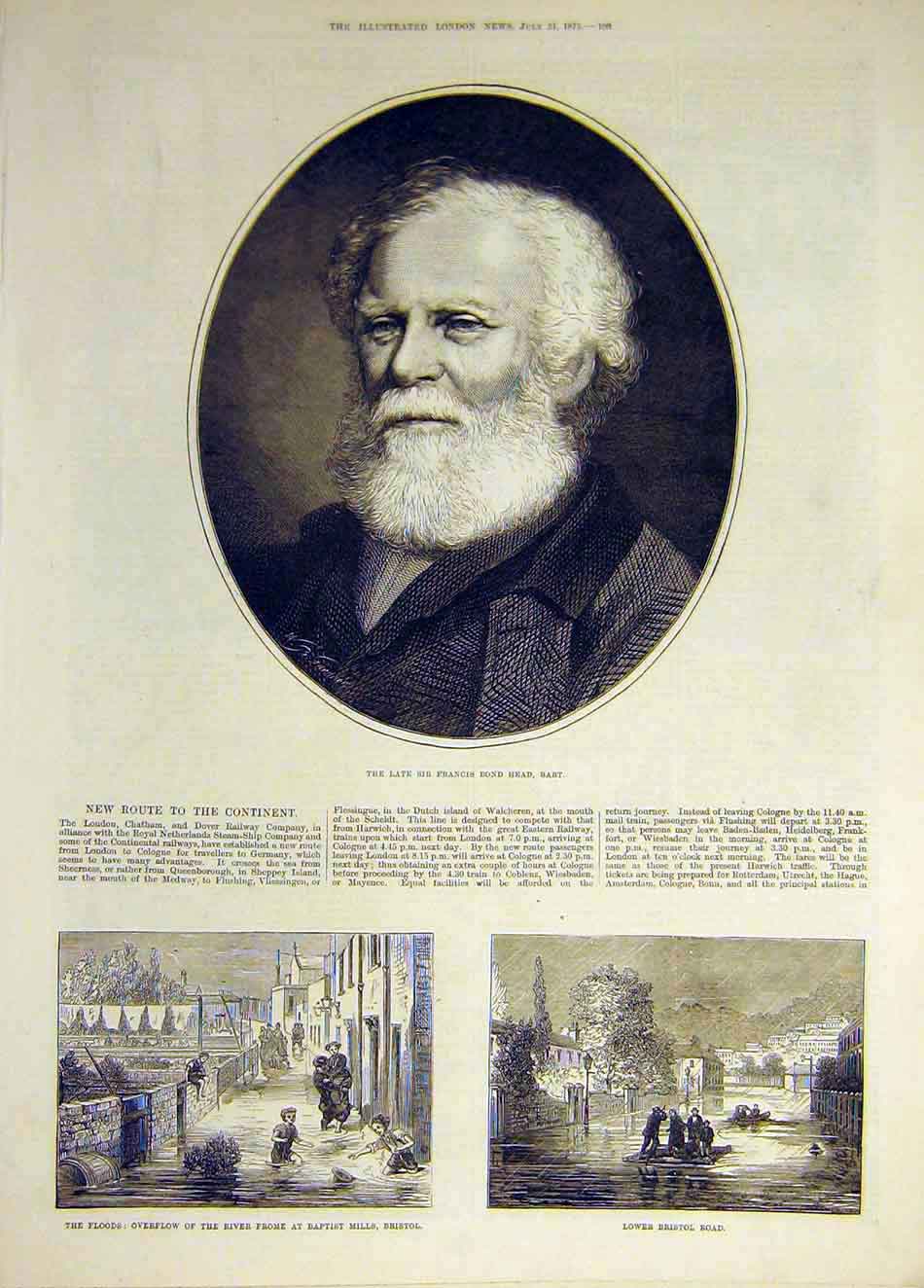 Original Old Antique Print 1875 Portrait Head Floods Baptist Mills Bristol 19th