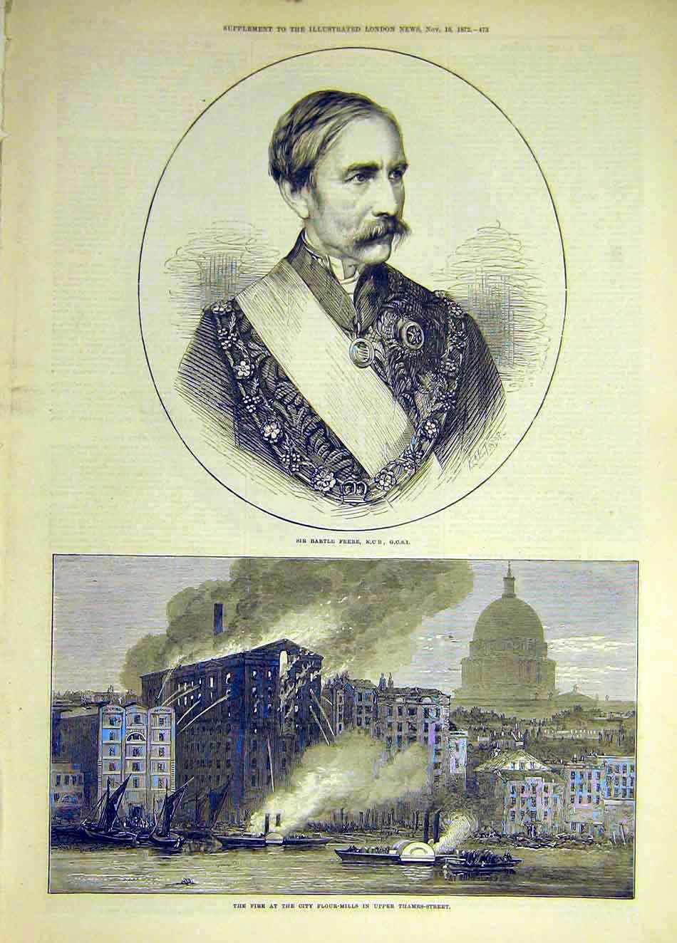 Old Antique Print 1872 Portrait Bartle Frere Fire City Flour-Mills Thames 19th