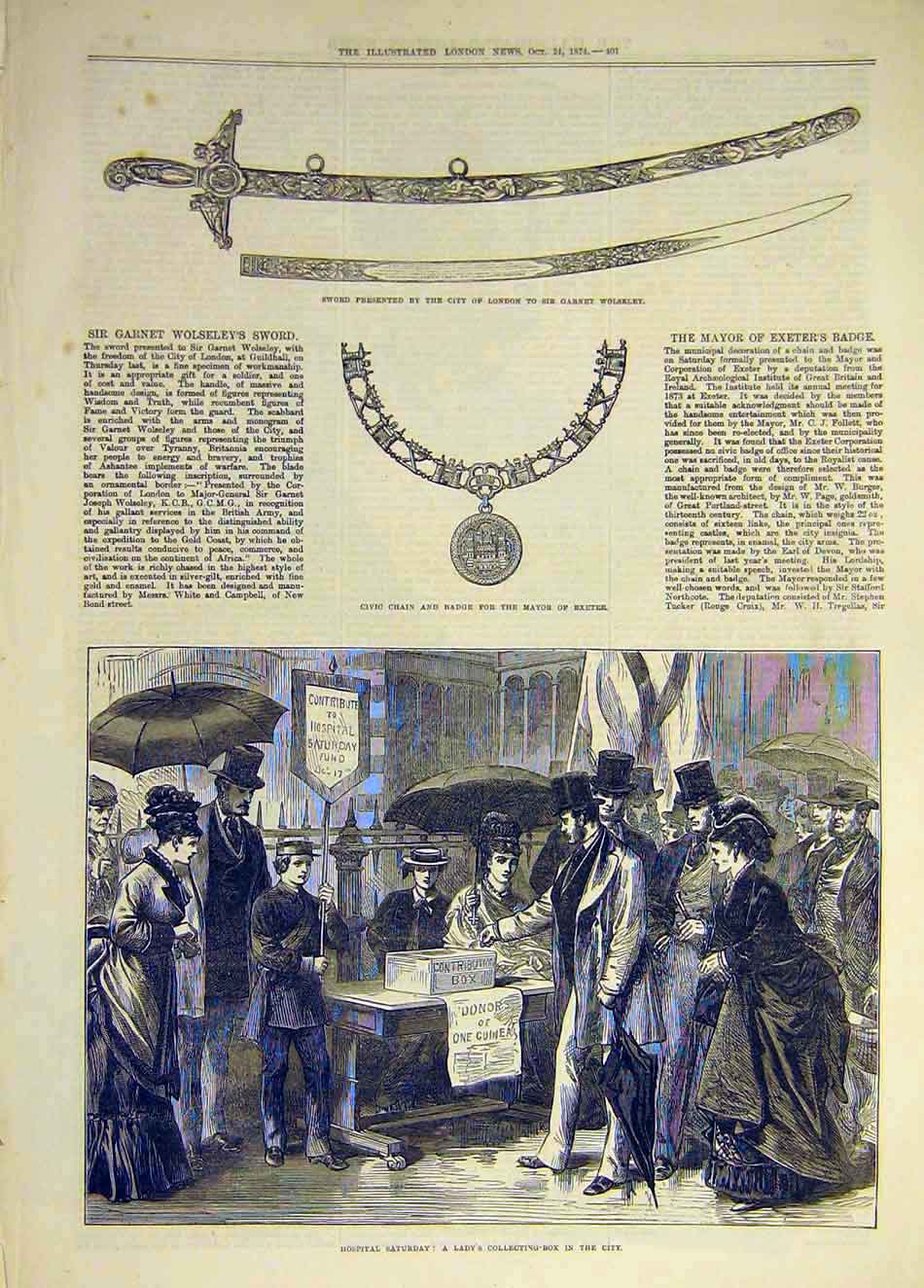 Old Antique Print 1874 Sword Wolseley Exeter Civic Chain Hospital Charity 19th