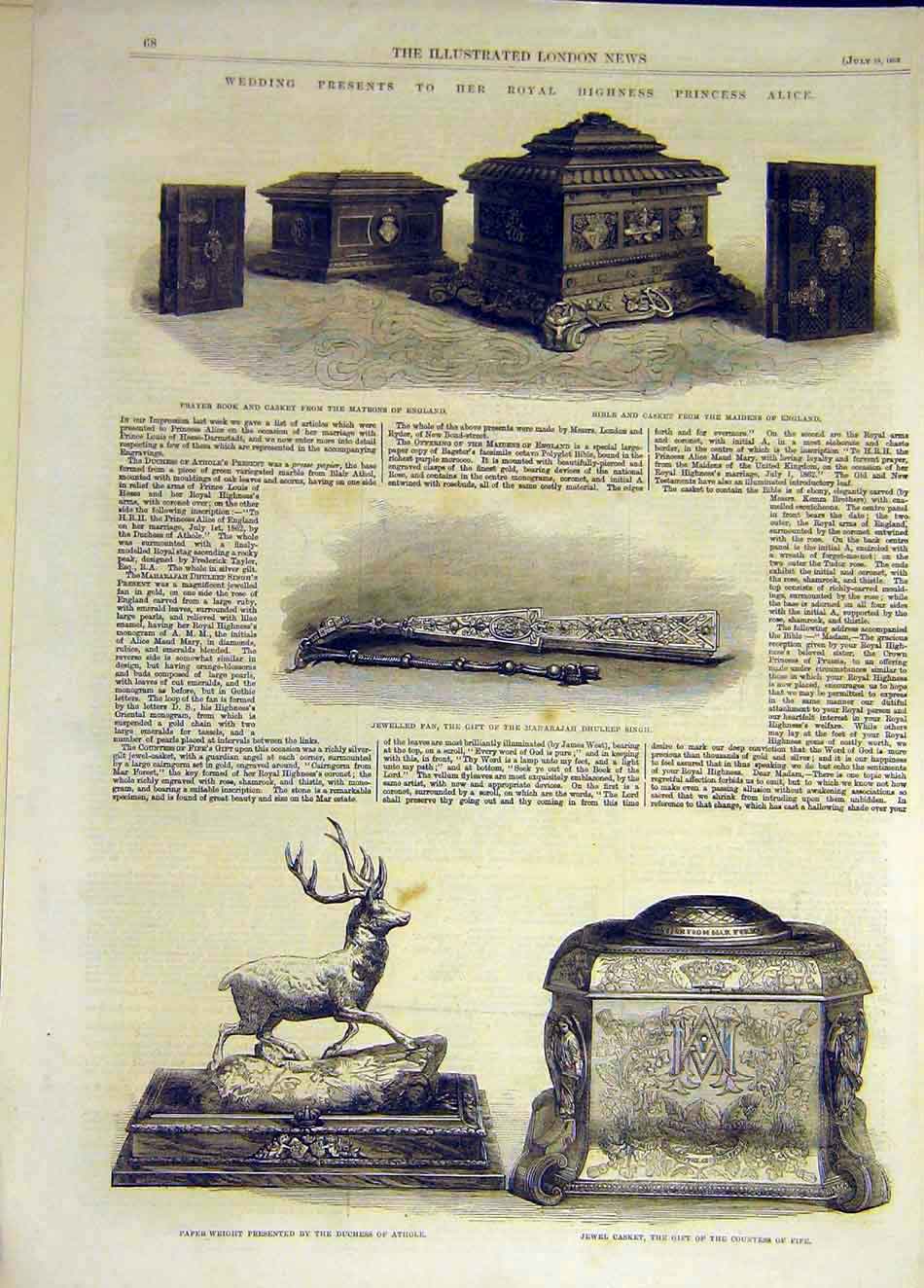 Original Old Antique Print 1862 Matrons Prayer Casket Bible Fan Athole Fife Gift