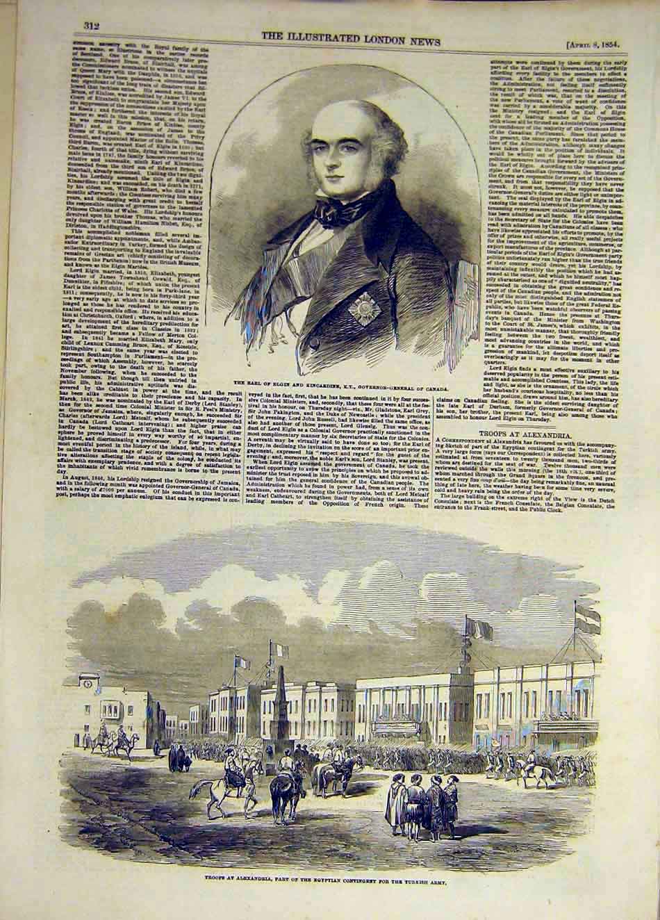 Original Old Antique Print 1854 Elgin Kincardine Earl Troops Alexandria Egyptian