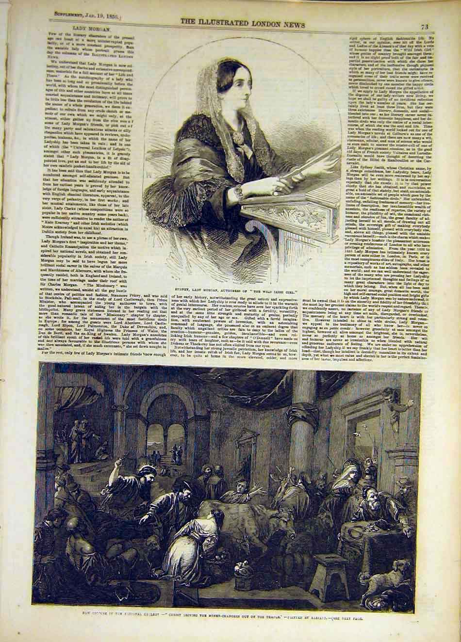 Original Old Antique Print 1856 Sydney Morgan Authoress Christ Bassano Victorian