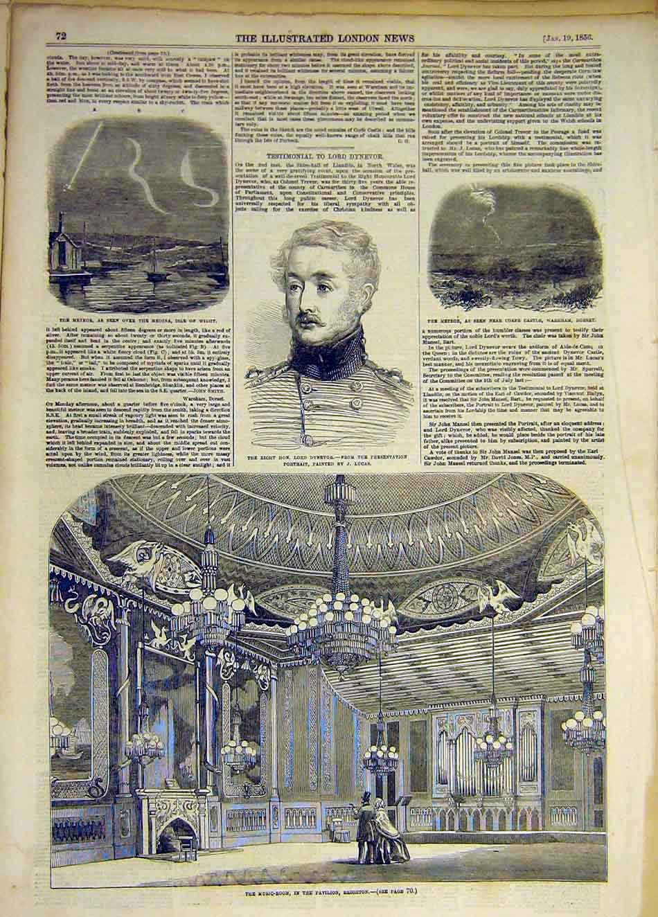 Original Old Antique Print 1856 Meteor Wight Dynevor Dorset Music Room Brighton