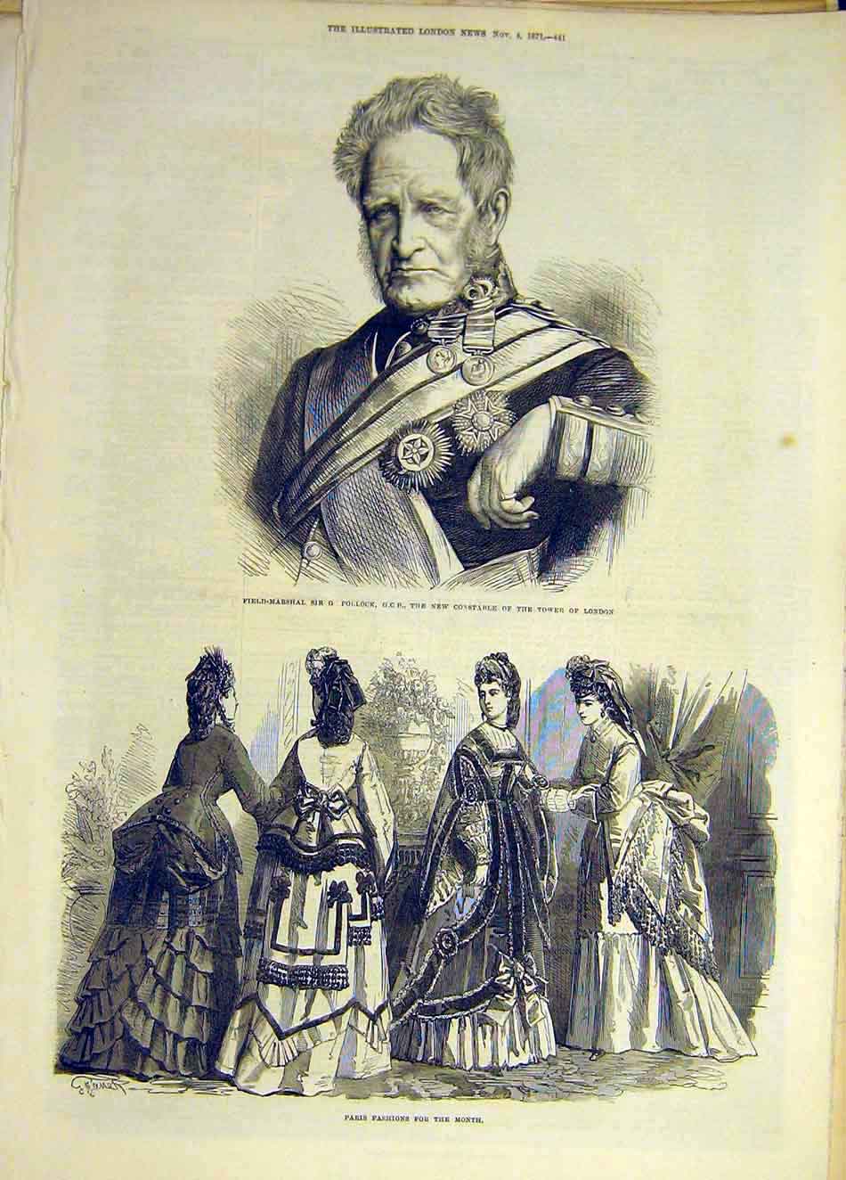 Original Old Antique Print 1871 Portrait Pollock Tower London Paris Fashions