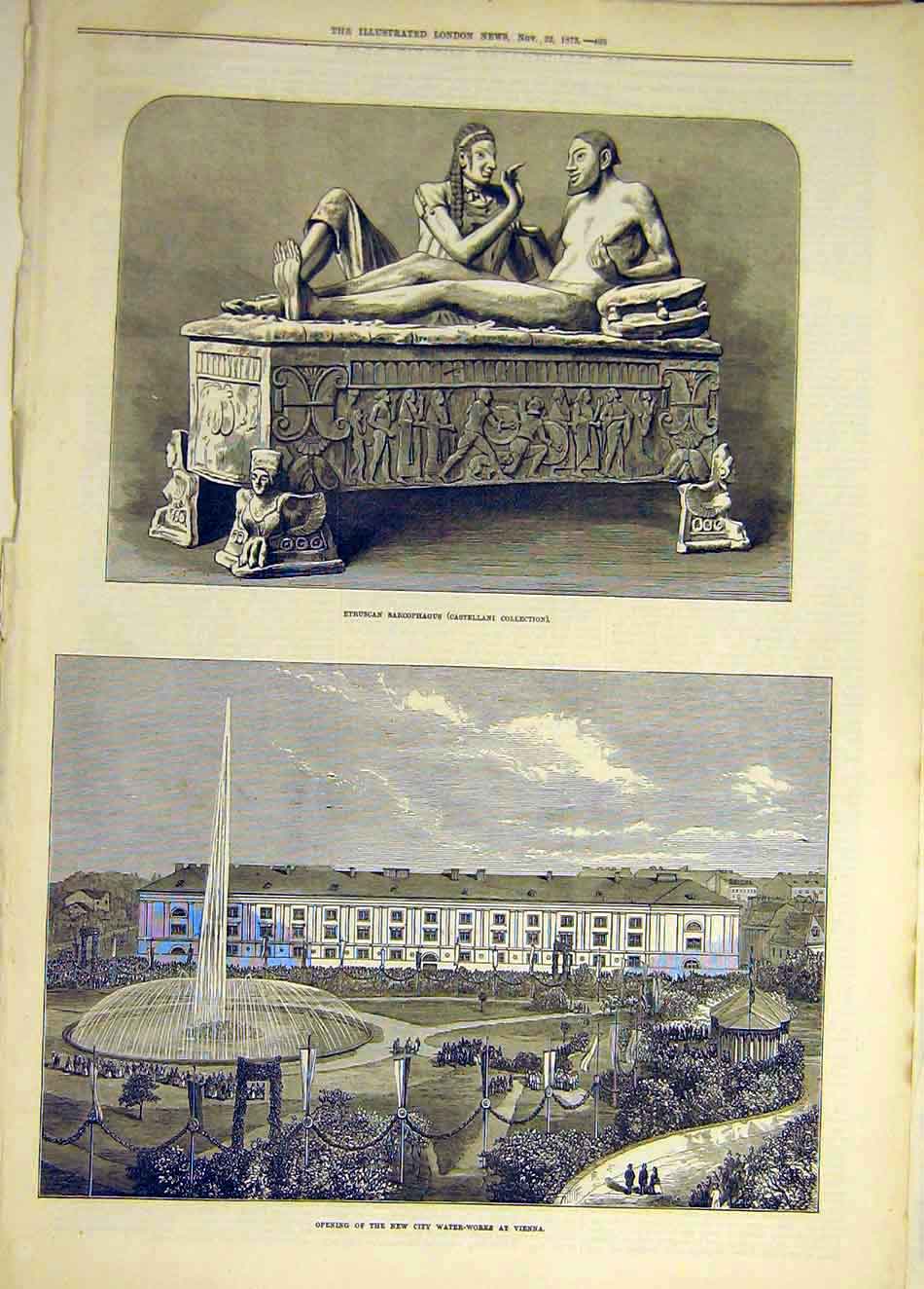 Original Old Antique Print 1873 Sarcophagus Statue City Water-Works Vienna 19th