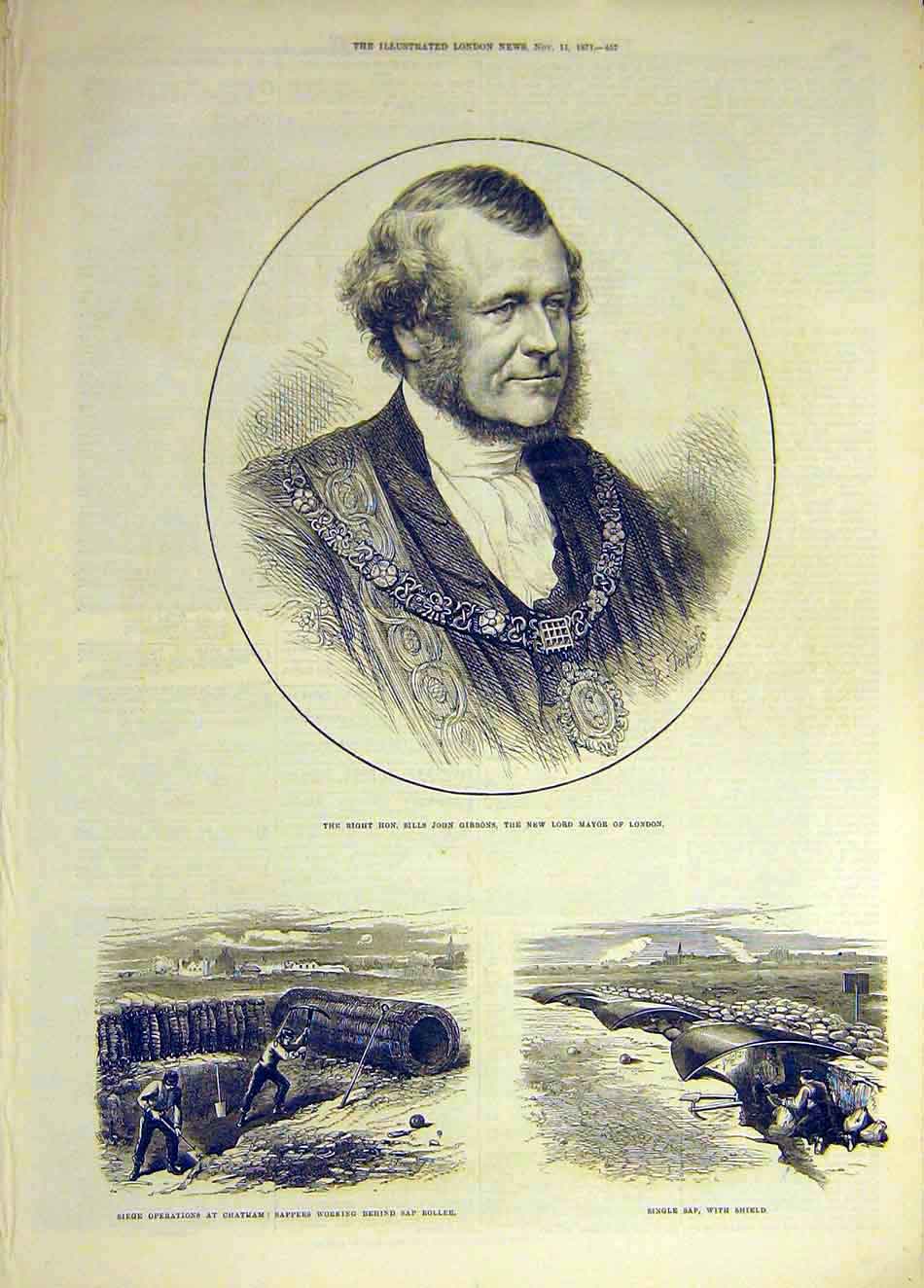 Original Old Antique Print 1871 Mayor London Gibbos Chatham Seige Sap-Roller