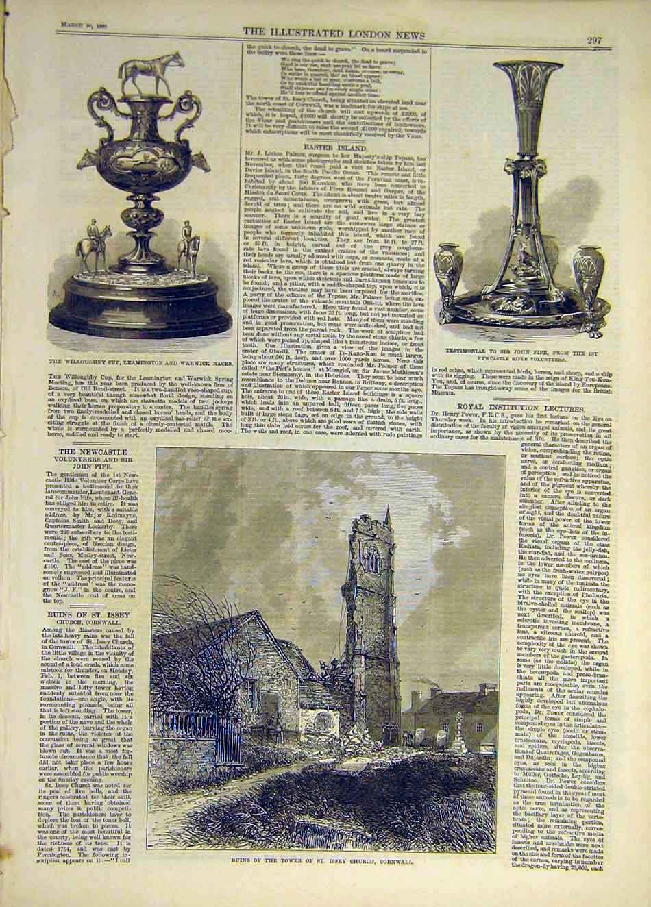 Original Old Antique Print 1869 Willouhgby Cup Races Fife Tower Ruins Cornwall