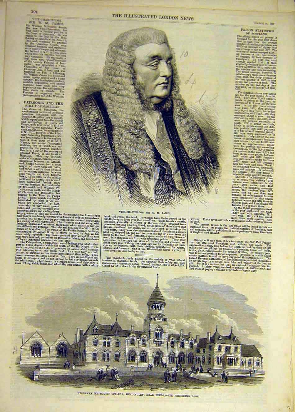 Original Old Antique Print 1869 Vice-Chancellor James Weslyan College Leeds 19th