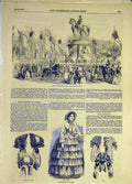 Original Old Antique Print 1852 Statue Napoleon Lyons Paris Fashion Bonnet Cap