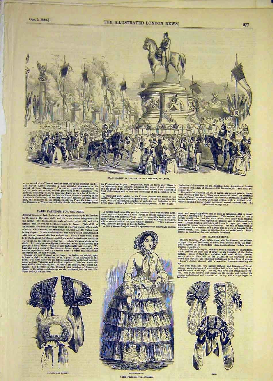 Original Old Antique Print 1852 Statue Napoleon Lyons Paris Fashion Bonnet Cap