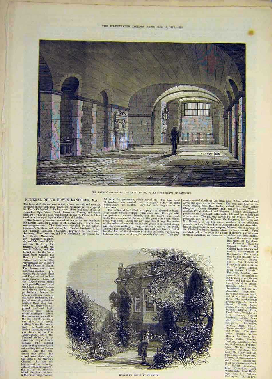 Original Old Antique Print 1873 Crypt St Paul'S Landseer Grave Hogarth Cheswick