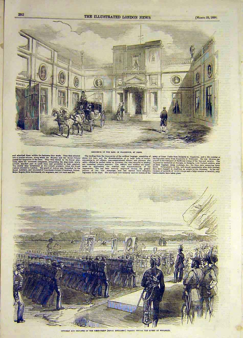 Original Old Antique Print 1856 Earl Clarendon Paris Residence Train Artillery