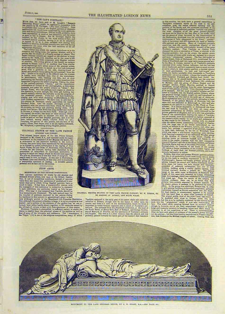 Original Old Antique Print 1865 Statue Prince Consrot Theed Monument Bruce Foley
