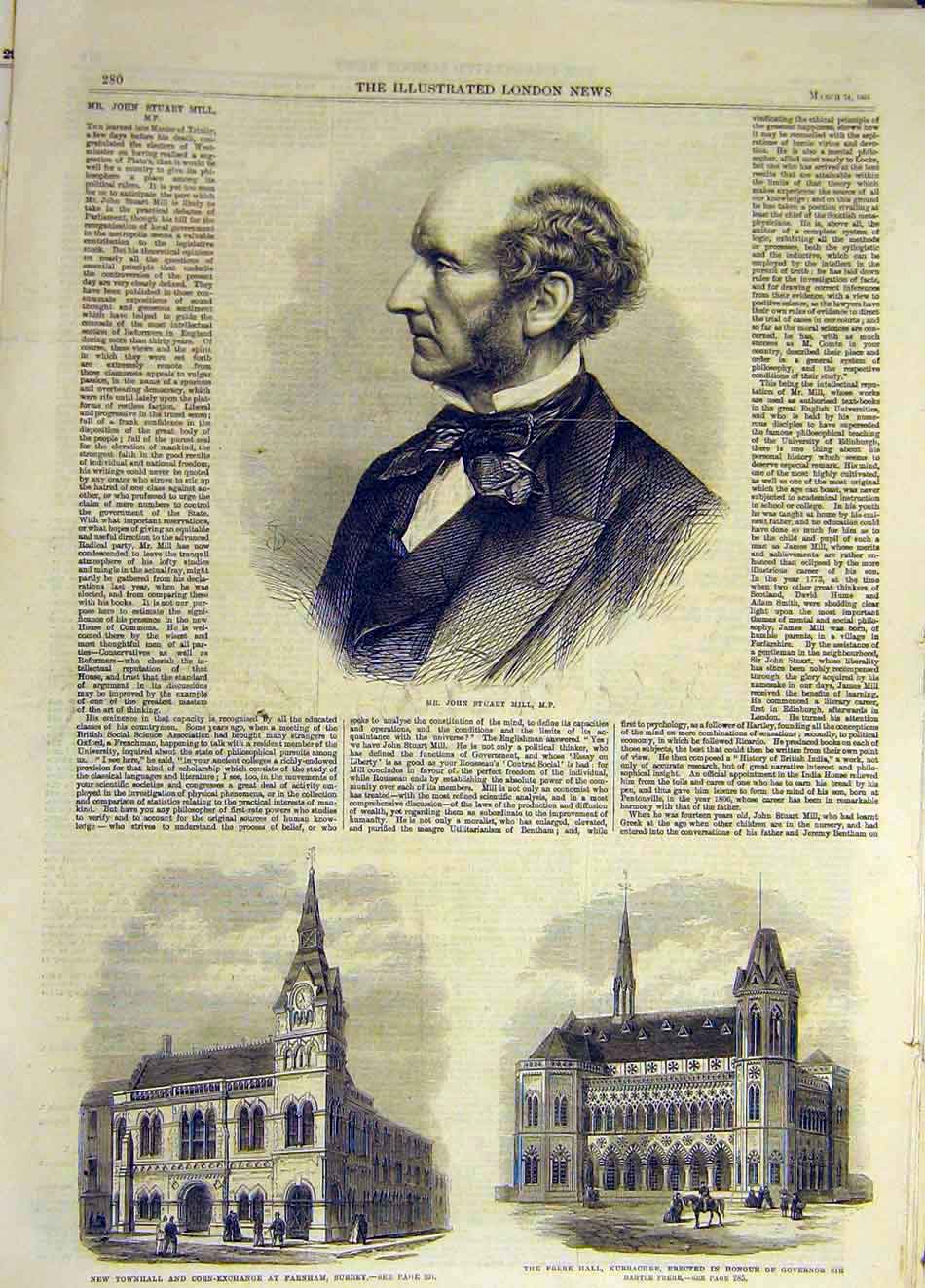 Old Antique Print 1866 Portrait Mill Townhall Corn Exchange Farnham Frere 19th